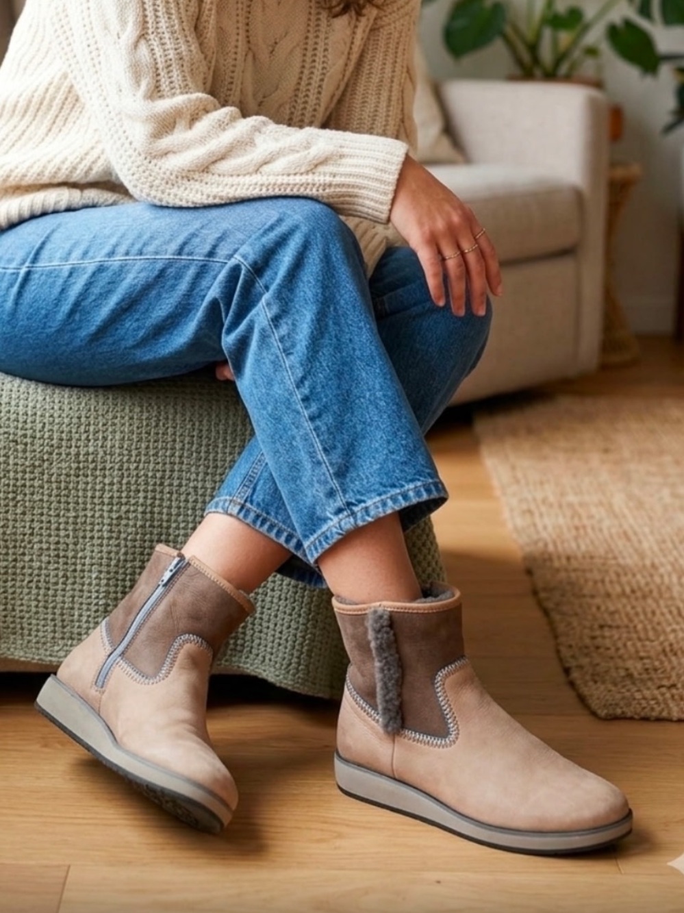 OluKai Taupe & Gray Suede Shearling-Lined Ankle Booties